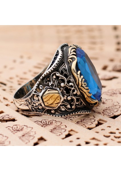 Kişiye Özel Harf Yazılı Mavi Zirkon Taşlı Otantik Gümüş Erkek Yüzük modelleri