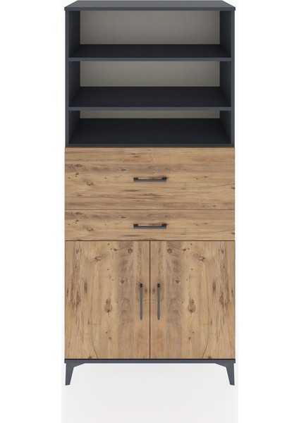 Hyperion Dolap 4 Raflı 2 Çekmeceli 2 Kapaklı 88X44X195 Antrasit-Çam