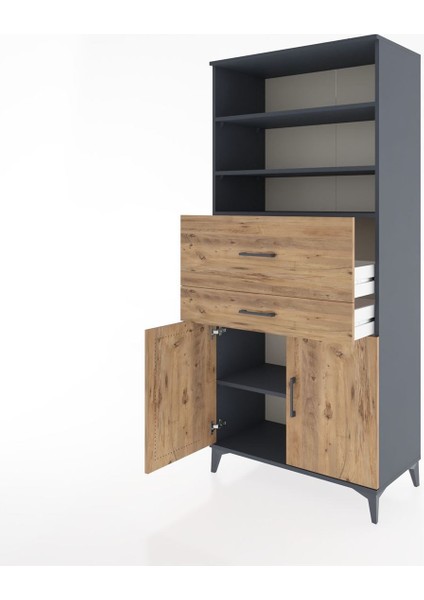 Hyperion Dolap 4 Raflı 2 Çekmeceli 2 Kapaklı 88X44X195 Antrasit-Çam fırsatları