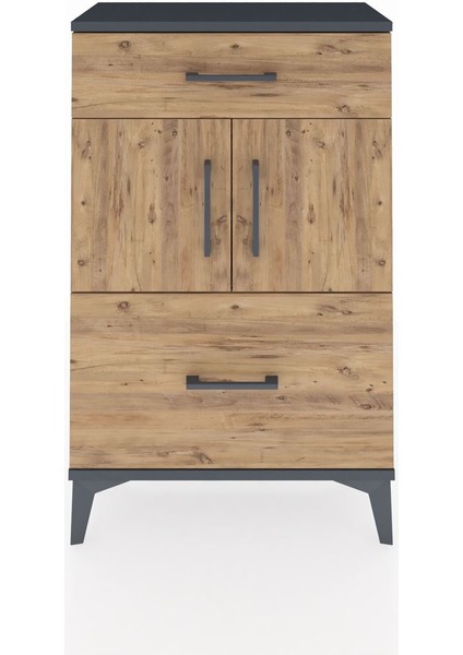 Arges Komodin Tek Raflı 2 Çekmeceli 2 Kapaklı 60X30X96 Antrasit-Çam