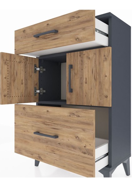 Arges Komodin Tek Raflı 2 Çekmeceli 2 Kapaklı 60X30X96 Antrasit-Çam indirimleri