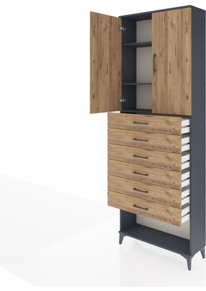 Arges Dolap 3 Raflı 6 Çekmeceli 2 Kapaklı 88X30X243 Antrasit-Çam fırsatları