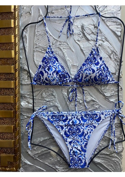 Kadın Likralı Yandan Boyundan Bağlamalı Şık Ipli Üçgen Bikini Takım
