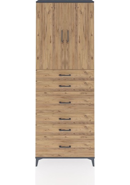 Arges Dolap 3 Raflı 6 Çekmeceli 2 Kapaklı 88X30X243 Antrasit-Çam