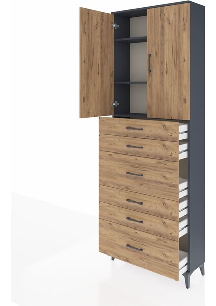 Arges Dolap 3 Raflı 6 Çekmeceli 2 Kapaklı 88X30X243 Antrasit-Çam fırsatları
