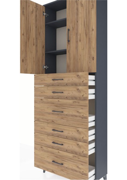 Arges Dolap 3 Raflı 6 Çekmeceli 2 Kapaklı 88X30X243 Antrasit-Çam indirimleri