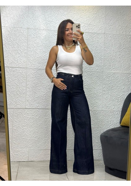 Koyu Mavi Tokalı Palazzo Jean Pantolon