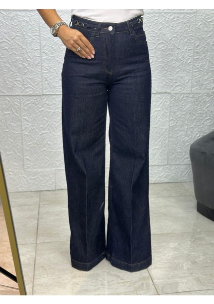 Koyu Mavi Tokalı Palazzo Jean Pantolon modelleri