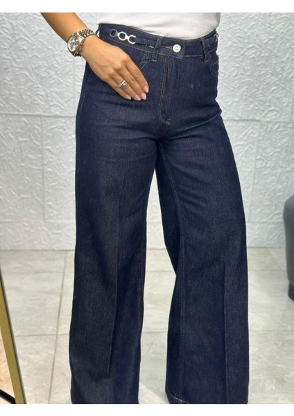 Koyu Mavi Tokalı Palazzo Jean Pantolon fırsatları