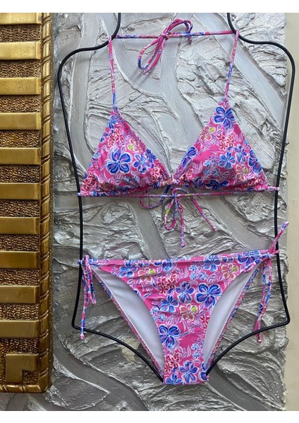 Kadın Likralı Yandan Boyundan Bağlamalı Şık Ipli Üçgen Bikini Takım