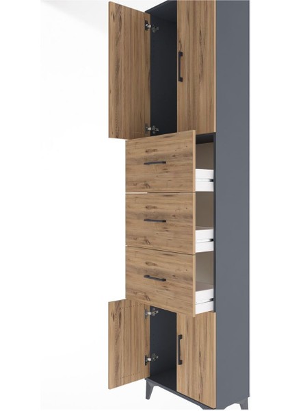 Arges Dolap Tek Raflı 3 Çekmeceli 4 Kapaklı 60X30X243 Antrasit-Çam indirimleri