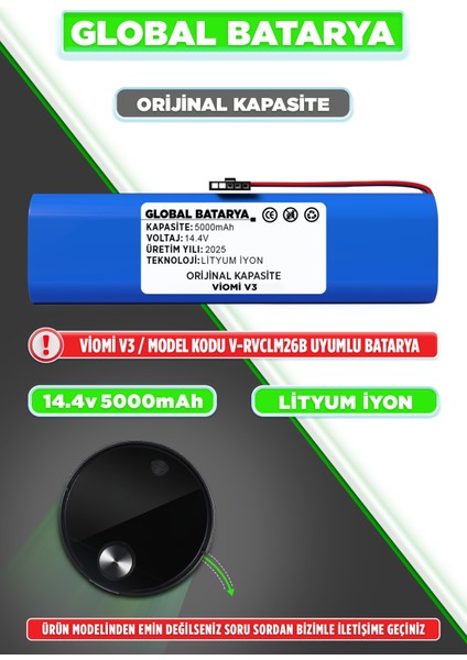 Viomi V3 Uyumlu Akıllı Robot Süpürge Bataryası 14.4v 5000mah Li-Ion Pil ( Kapasite)