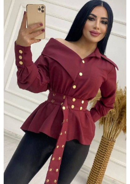 Kadın Artizon Geniş Yaka Belinde Kuşak Gömlek