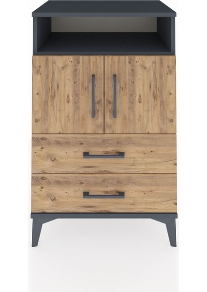 Hyperion Komodin 2 Raflı 2 Çekmeceli 2 Kapaklı 60X44X96 Antrasit-Çam