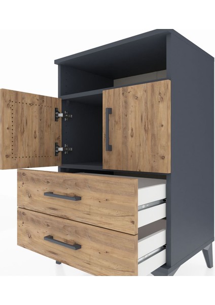 Hyperion Komodin 2 Raflı 2 Çekmeceli 2 Kapaklı 60X44X96 Antrasit-Çam indirimleri