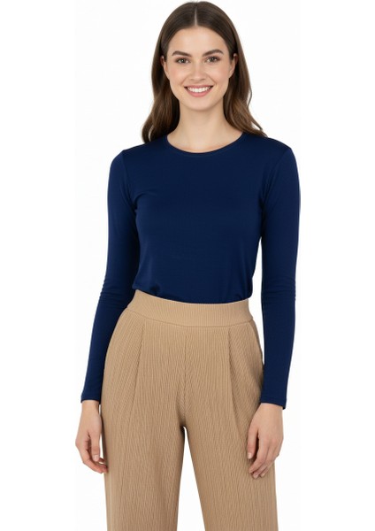 Kadın Düz Renk Yuvarlak Yaka Uzun Kollu Dar Kesim Bedene Oturan Likralı Turlu Viskon Kumaş Badi fırsatları