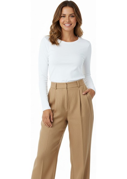 Kadın Düz Renk Yuvarlak Yaka Uzun Kollu Dar Kesim Bedene Oturan Likralı Turlu Viskon Kumaş Badi