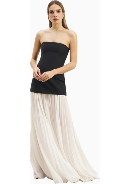 Structured Bodice Gown Pleated Maxi Length Formal Dress Kadın Elbise
