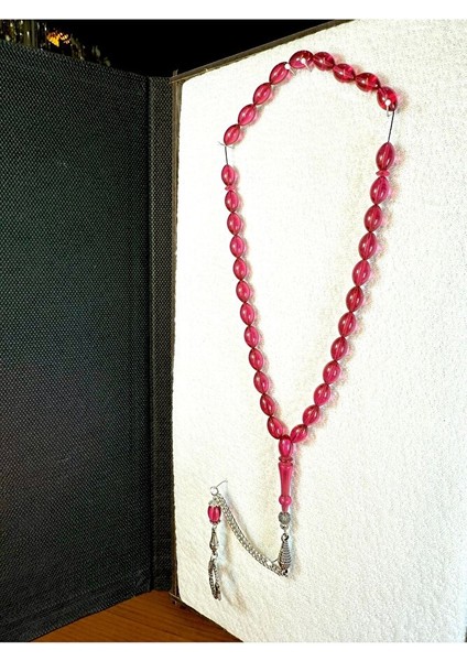 Ateş Kehribar Tesbih Kırmızı Renkli Beyzi Kesim T-197 fırsatları