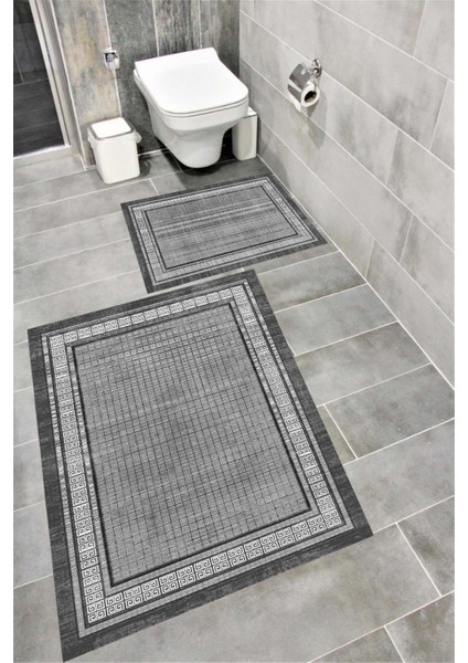 Kaymaz Tabanlı Suya Dayanıklı Dijital Baskılı Banyo Paspası Takımı | Bordo Halı 1538