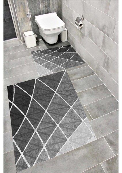 Kaymaz Tabanlı Suya Dayanıklı Dijital Baskılı Banyo Paspası Takımı | Bordo Halı 1494