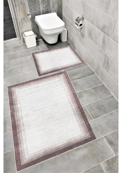 Kaymaz Tabanlı Suya Dayanıklı Dijital Baskılı Banyo Paspası Takımı | Bordo Halı 1509