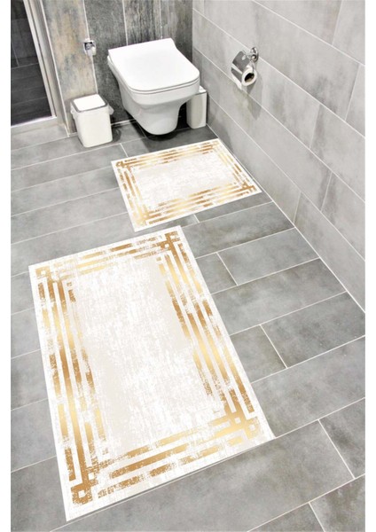 Su Emici Yumuşak Kaymaz Sünger Dolgulu Yıkanabilir Dekoratif Banyo Paspası Takımı 1073SİLVERYGOLD