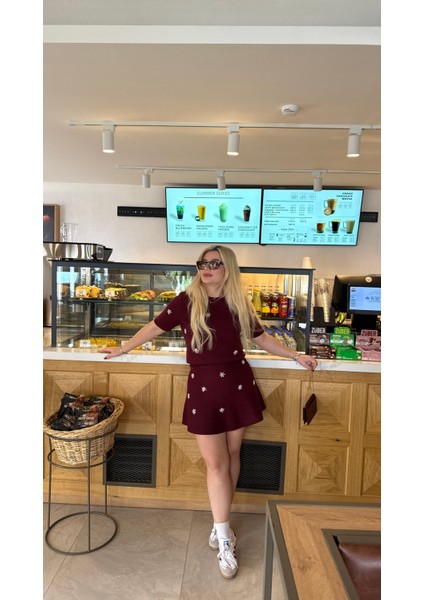 Bordo Çelik Triko Taş Detaylı Etek