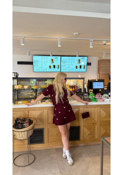 Bordo Çelik Triko Taş Detaylı Etek modelleri