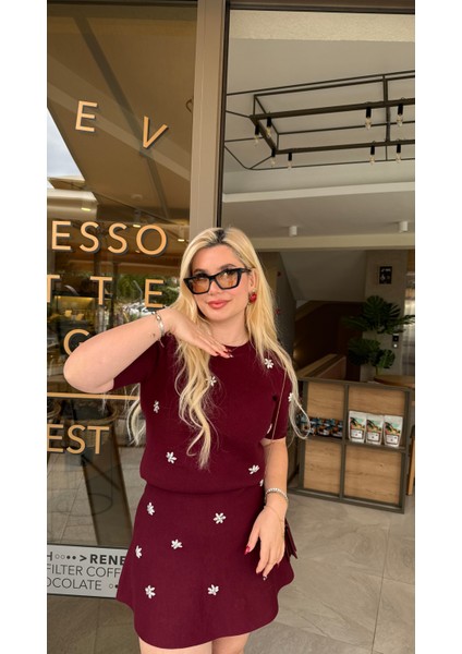 Bordo Çelik Triko Taş Detaylı Etek fırsatları