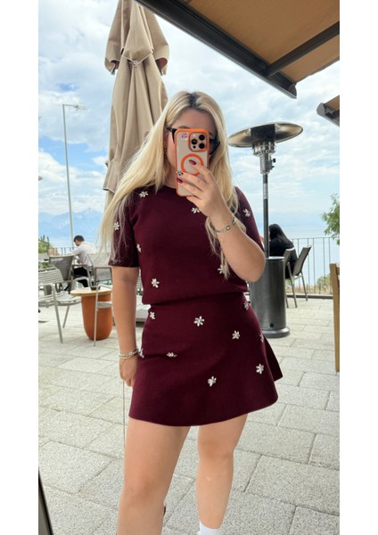 Bordo Çelik Triko Taş Detaylı Etek indirimleri