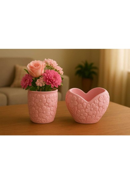 2'li El Yapımı Çiçek Tasarımlı Saksılık - Handmade Taş Tozu Sukulent Mumluk Dekoratif Biblo 8 cm