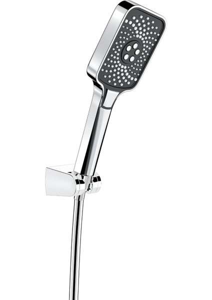 | Valtemo Krom Siyah, Butonlu Duş Başlığı 3'lü Set - Hortum + Mafsal + El Duşu