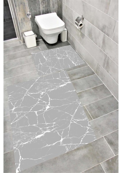 Kaymaz Tabanlı Suya Dayanıklı Dijital Baskılı Banyo Paspası Takımı | Bordo Halı 1652