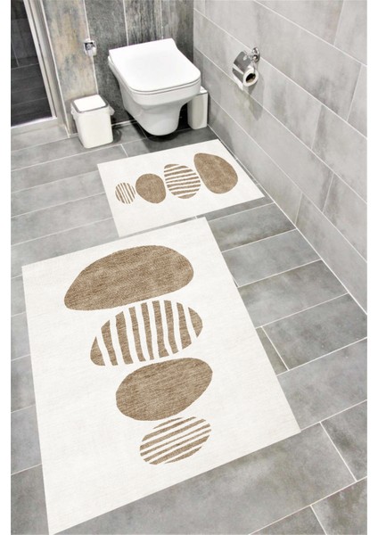 Kaymaz Tabanlı Suya Dayanıklı Dijital Baskılı Banyo Paspası Takımı | Bordo Halı 1583
