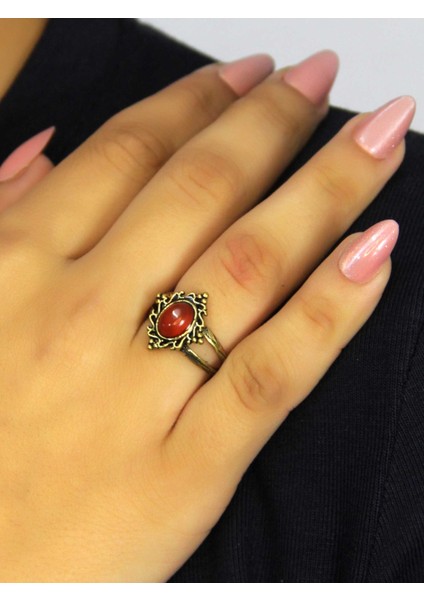 Doğal Taş Akik Yuvarlak Doğal Taşlı Antik Model Kadın Ayarlanabillir Yüzük EUY71A