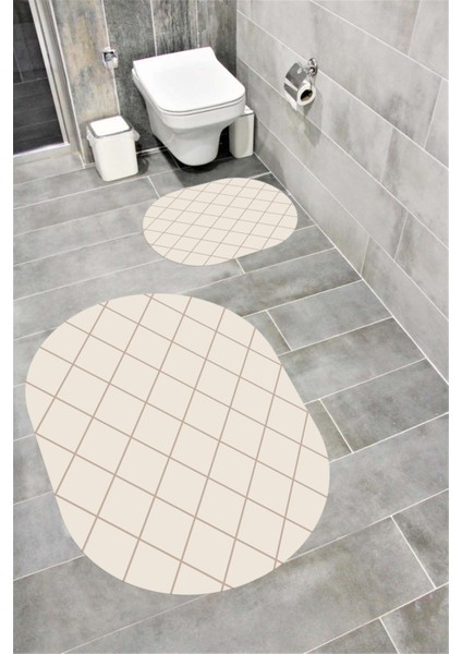 Su Emici Yumuşak Kaymaz Sünger Dolgulu Yıkanabilir Dekoratif Banyo Paspası Takımı 1162KREMVİZONOVAL