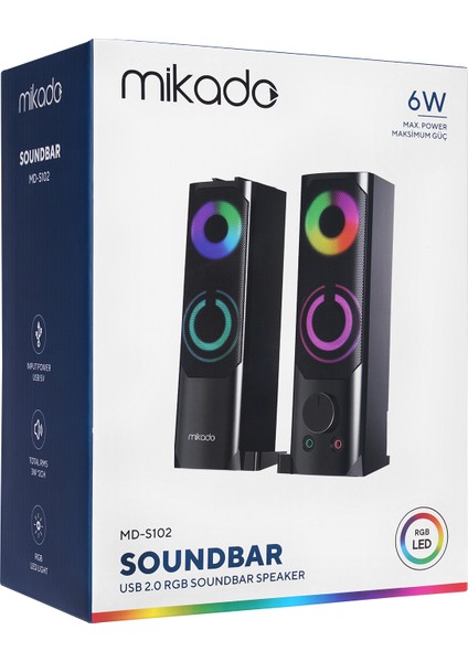 MD-S102 2.0 3Wx2CH RGB Ledli Siyah USB Soundbar Speaker Hoparlör
