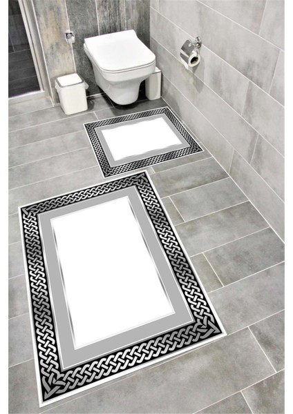 Su Emici Yumuşak Kaymaz Taban Sünger Dolgulu Yıkanabilir Dekoratif Banyo Paspası Takımı 1207GRİ