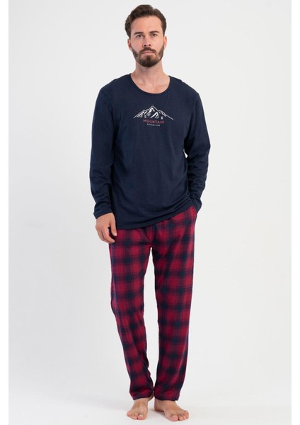 Erkek Büyük Beden Lacivert Uzun Kollu Üst Ekose Desenli Alt Pijama Takımı C2T4N1305