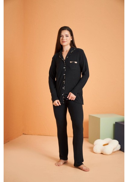 Kadın Siyah Düğmeli Pijama Takımı 28036