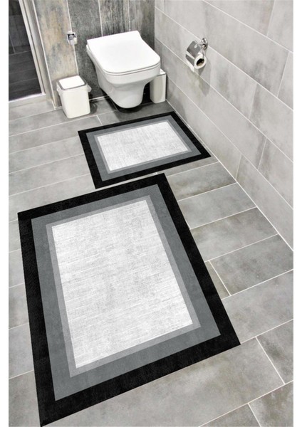 Kaymaz Tabanlı Suya Dayanıklı Dijital Baskılı Banyo Paspası Takımı | Bordo Halı 1648