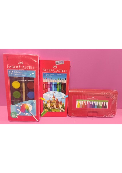 Faber Castell 12 'li Sulu Boya , 12 'li Kuru Boya , 12'li Pastel Boya ( 3 'lü Set )