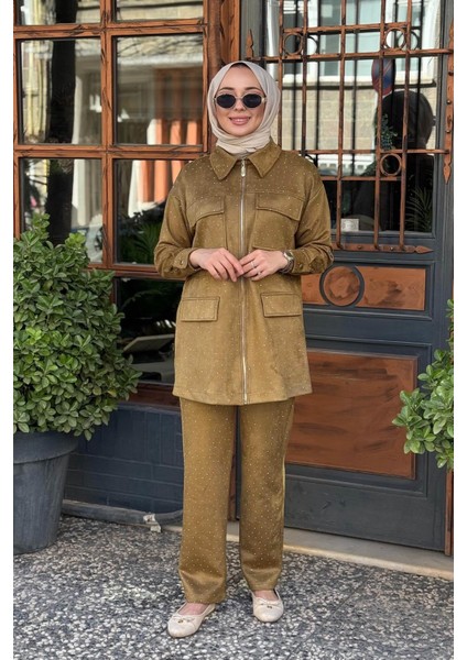 Taşlı Süet Pantolonlu Takım MA24.34 Oliv