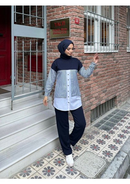 Çizgi Detaylı Gömlek Tunik Alt Üst Takım
