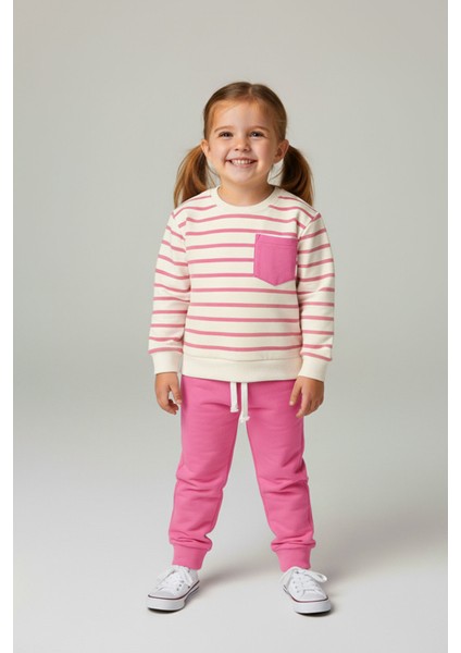 Kız Çocuk Çizgili Supreme Kumaş Cep Detaylı Paça Ribanalı Takım - 1039698