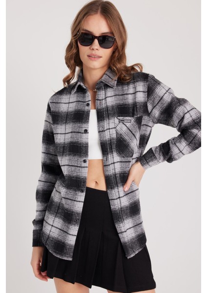 Kadın Slim Fit Dar Kesim Oduncu Tek Cepli Kareli Kışlık Gömlek