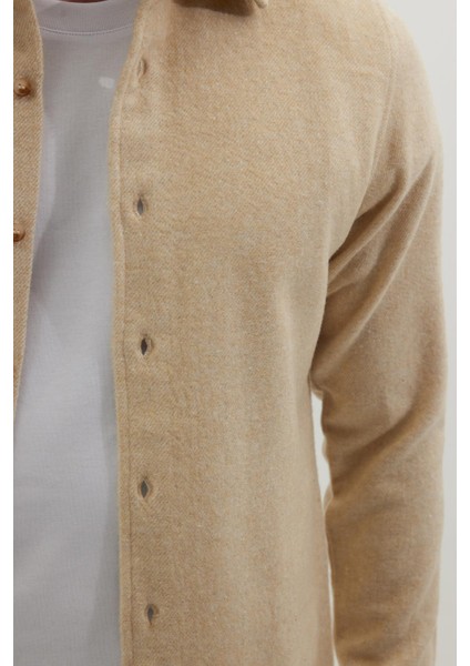 Erkek Slim Fit Dar Kesim Uzun Kollu Düz Kışlık Oduncu açık Bej Gömlek modelleri