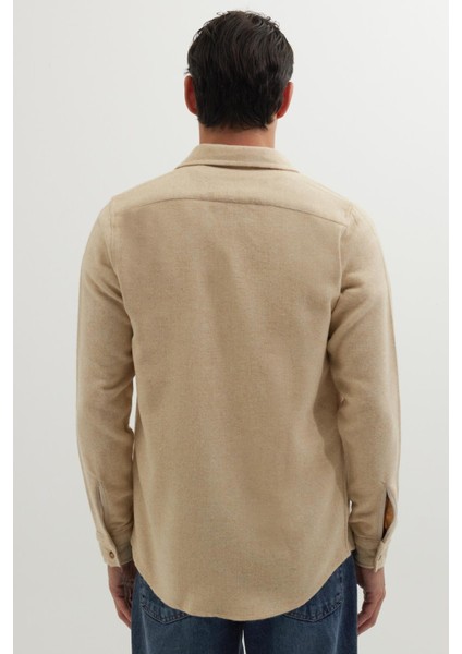 Erkek Slim Fit Dar Kesim Uzun Kollu Düz Kışlık Oduncu açık Bej Gömlek