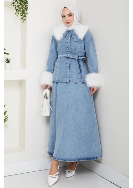 Kadın Peluş Detaylı Kuşaklı Kot Mavi Ikili Takım